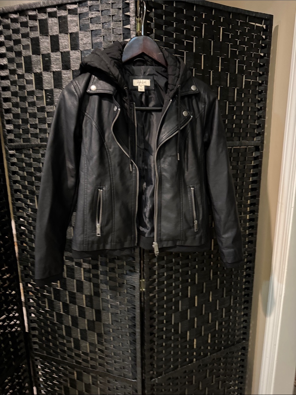 Style & Co. Black Faux Leather Hooded Moto Jacket